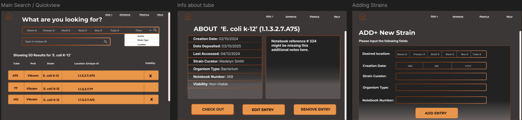 Three wireframe screens side by side: search results list, sample detail view, and add new strain form