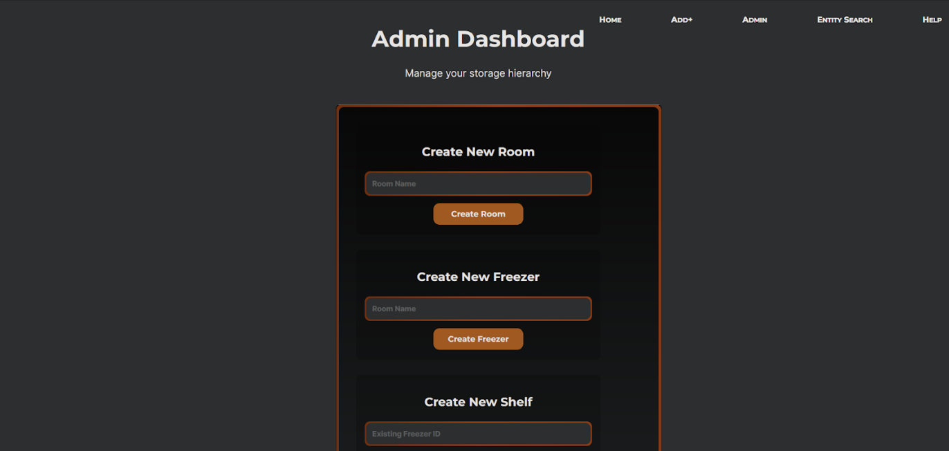 Admin dashboard showing storage hierarchy management forms for rooms, freezers, shelves, racks, and boxes