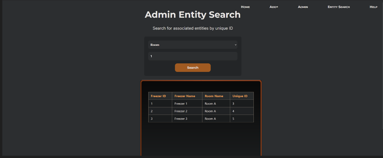 Entity search page showing a room-based query returning a freezer results table