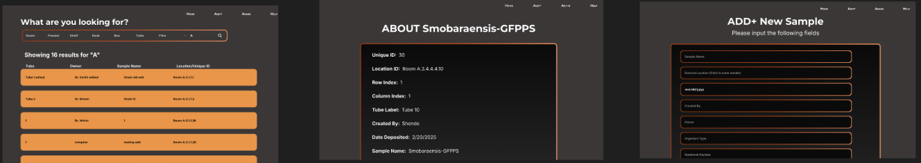 Three final product screens: main search page with filter dropdown open, sample detail page, and add new sample form