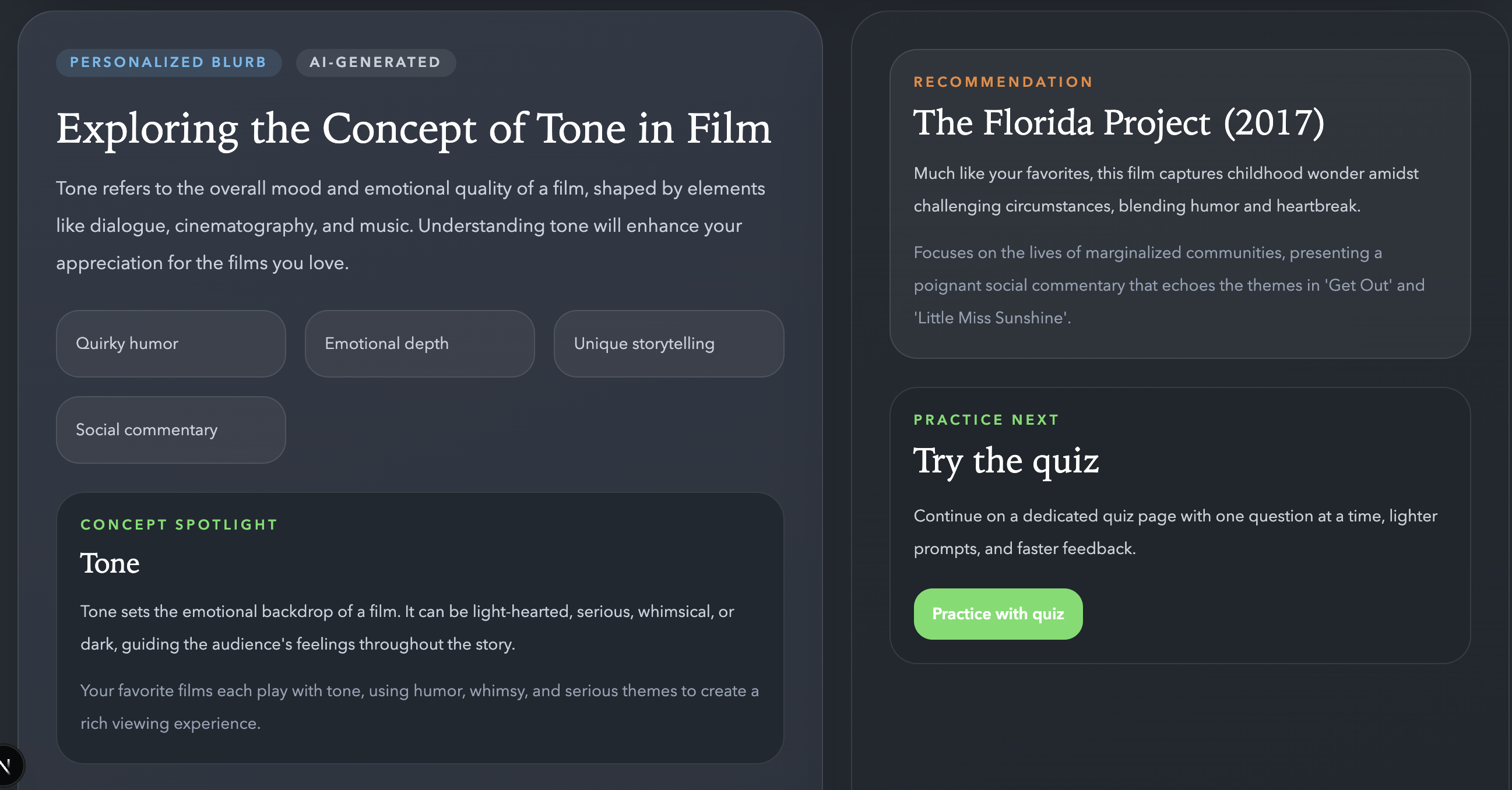 Mise-en-Lens blurb mode, personalized film analysis output