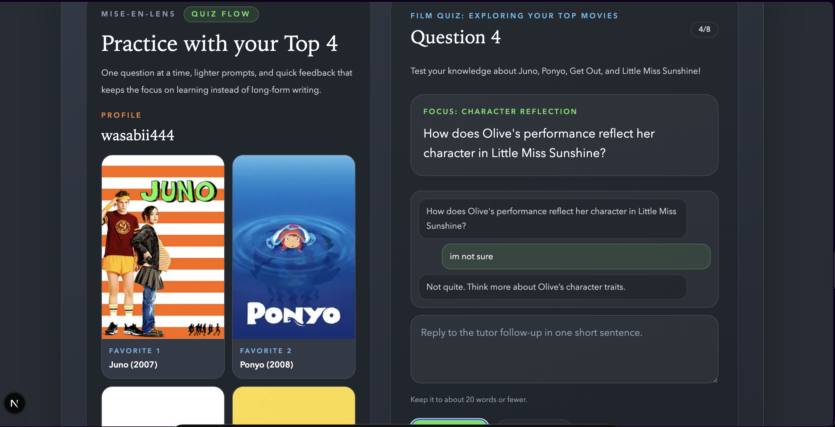 Mise-en-Lens quiz mode, real-time question and feedback interface